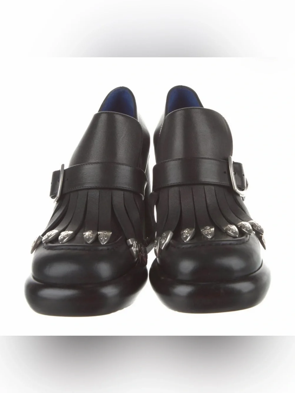 Burberry Black Leather Kiltie Buckle Block Heel Loafer